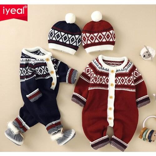 IYEAL Christmas Autumn Newborn Baby Rompers With Hat For Baby Girl Boy Clothes Fashion Infant Costume Kids Toddler Knit Jumpsuit
