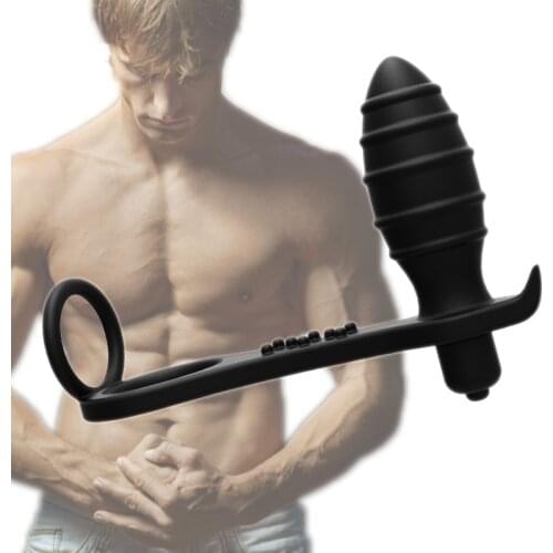 Silicone Vibrating Anal Plug with Penis Ring Prostate Massager Vibrating Stick Sex Toys Man Masturbator Locking Butt Plug
