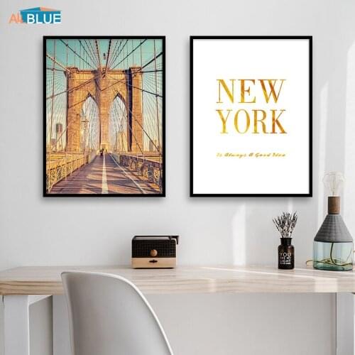 Scandinavian Painting Canvas Brooklyn Bridge Gold New York Quote Posters And Prints Wall Art Pictures For Living Room Home Decor