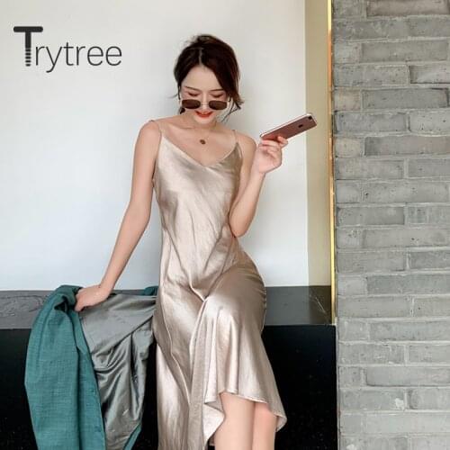 Trytree 2020 Summer Casual Solid Sling Dress Women Fashion Sexy Dress Satin All-Purpose Style Inboard A-line Sling Dress