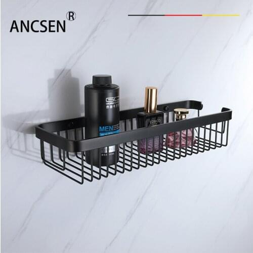 Bathroom Stainless Steel Black Matte Square Basket Rack Net Basket Bathroom Single Layer Bathroom Shampoo Shower Gel Shelf