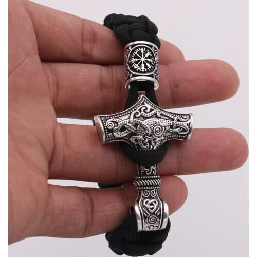 Norse Viking Men Bracelets Thor Mjolnir Hammer Paracord Amulet Runes Beads Hand Made Rope Bangles Gift jewelry wholesale