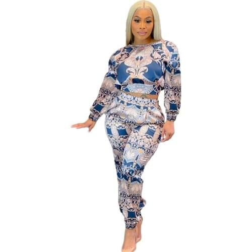 Autumn Women Print Color 2 Piece Pant Suits Full Sleeve O-Neck Top Elastic Waist Pencil Pants Suit Casual Streetwear Outfits