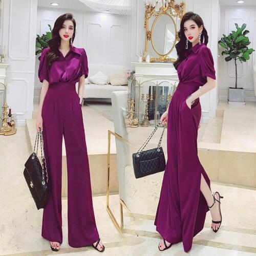 Women 2021 Summer Elegant Suit Female Short Sleeve Blouse Tops and Wide Leg Trouser Two Pieces Set Ladies Work Wear Sets R08
