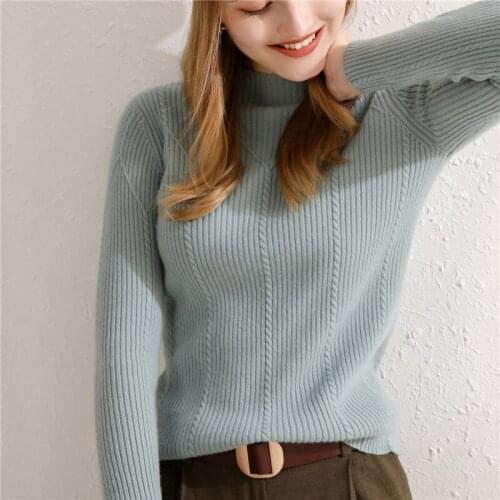 Womens Autumn And Winter New Cashmere Sweater Slim Half Turtleneck Pure Wool Sweater Warm Knitted Bottoming Pullover Sweater