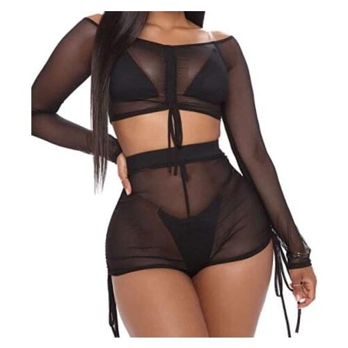 Women Sexy See-Through Clothes Set Black Long Sleeve Crop Tops And High Waist Shorts For Beach/ Seaside Fashionable And Charming
