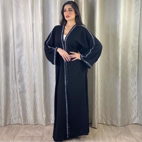 Women Black Muslim Maxi Dress India Folk Beading V Neck Taping Turkey Arabic Ethnic Hijab Autumn abaya Loose Dress Islamic Robe