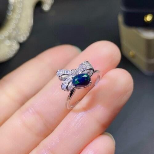 Fashion Classic Embedding Round Natural Black Opal Ring S925 Silver Natural Gemstone Ring Girl Women Party Gift Fine Jewelry
