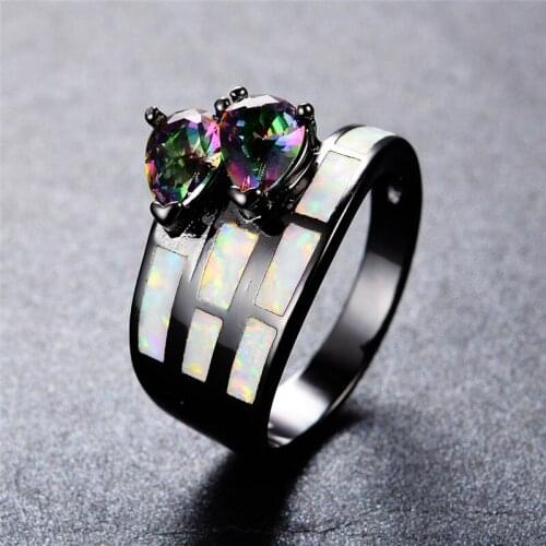 Boho Female White Fire Opal Ring Fashion 14KT Black Gold Wedding Rings For Women Promise Rainbow Love Engagement Ring
