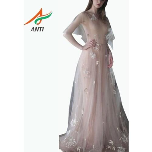 ANTI Elegant Tulle Half Sleeve Robe De Soiree Longue 2019 Evening Dresses Long A-Line Embroide 3D Flower Party Gowns For Woman