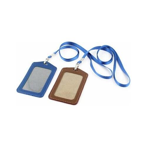 2pcs Faux Leather Wark Business ID Card Holder Royal Blue Brown w Neack Strap
