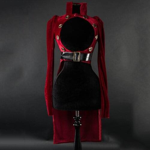 2021 Western Style Middle Ages Retro Turtleneck Long Sleeve Velvet Rivet Hollow Out Womens Dress Tuxedo Solid Color High Street