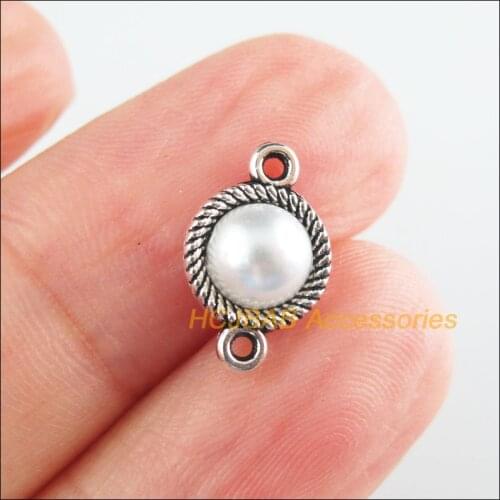 40Pcs Tibetan Silver Tone Retro White Tiny Flower Acrylic Charms Connectors 8.5x13mm