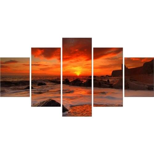 5 Pieces Free Shipping Modern Art Painting Wall Art Picture Paintings Sunset Red Sea Canvas Home Decorative Framed