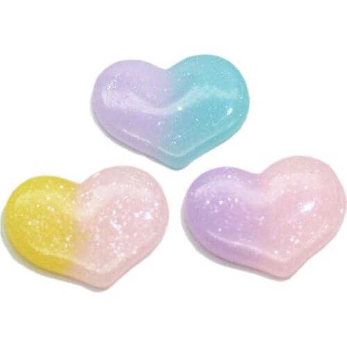 50/100 pcs 19MM Rainbow Glitter Resin Heart Cabochons Pastel Color Resin Rain Bow Cute Bling Heart Cabs Valentines Day Cabochons