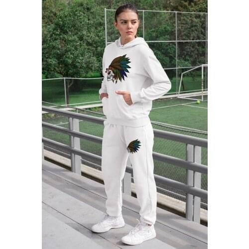 Angemiel Wear Feather Indian Crossbones Women Tracksuit Set White Hooded Sweatshirt White Sweatpants