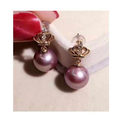 Free shipping>>>>noble jewelry elegant AAA11-12mm south sea round lavender pearl dangle earring yellow gold