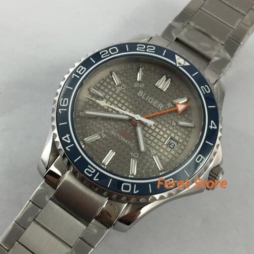BLIGER new 41mmTop Business GMT Mechanical Watch Sapphire Crystal Orange Dial Ceramic Bezel Date Luminous Mens Automatic Watch