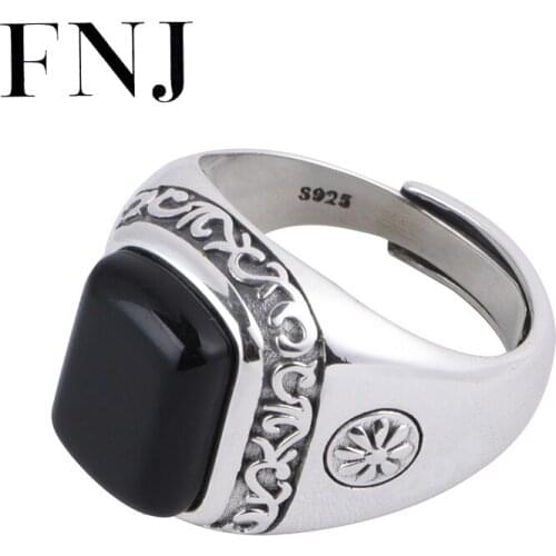 FNJ Black Agate Ring 925 Silver New Original S925 Sterling Silver Rings for Men Jewelry Adjustable size