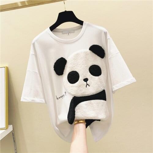 Panda Embroidered Short Sleeve Cotton T-shirt Womens 2020 Spring Summer Loose-Fit T-shirt Fashion Female Clothes Tshirt Tee T