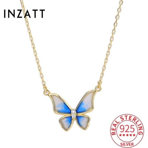 INZATT Real 925 Sterling Silver Blue Enamel Butterfly Choker 14K Gold Necklace For Fashion Women Cute Fine Jewelry Accessories