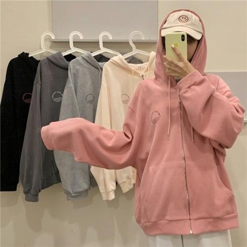 2021 Korean Autumn Thin Hooded Cardigan Long Sleeve Loose Sweatshirt Womens Solid Color College Hoodie