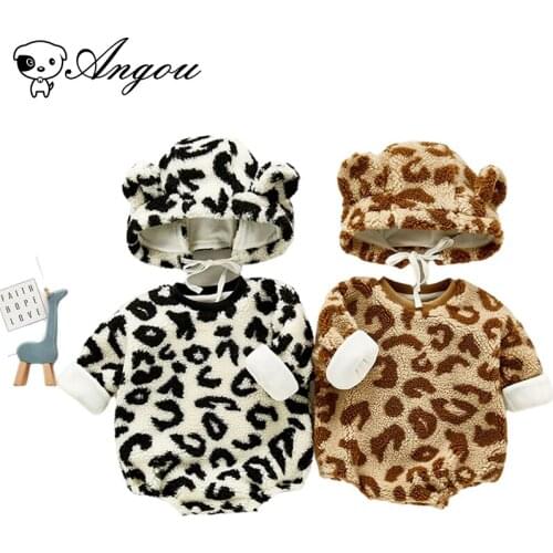 Angou Printing Leopard Newborn Baby Boy Girl Outfit Romper Thick Hooded Long Sleeves Bodysuits Cute Winter Infant Baby Clothes