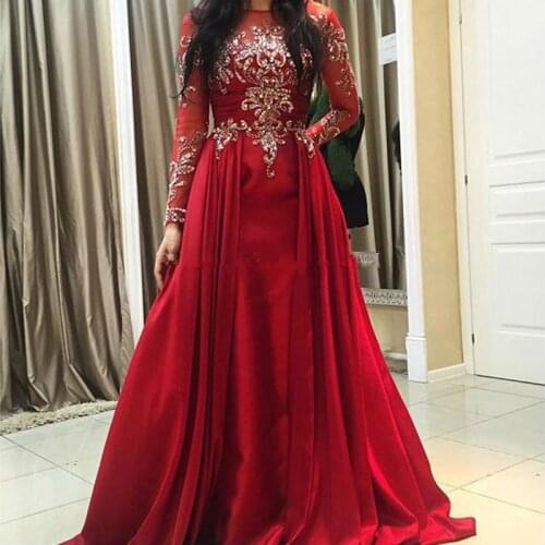 Red Muslim Evening Dresses Mermaid Long Sleeves Beaded Crystals Dubai Saudi Arabic Long Evening Gown Prom Dress