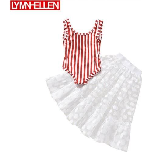 2Pcs Swimsuit Skirts Summer Baby Girls Red Stripe Cute Lace Dress Bodysuit Romper Suit Infant Toddler Kids Vest+Skirt Set