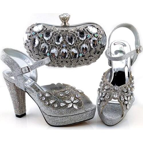 Fashion shoes and bags African Ladies Shoes And bag Shiny Beauty Crystal Shoes Matching bag Set Banquet shoes and bags