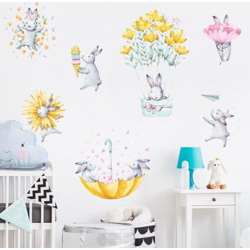Cartoon Flower Rabbit Wall Stickers for Kids room Girls Baby Room Decoration Nursery Wall Decoration Home Decor DIY Bunny Decals