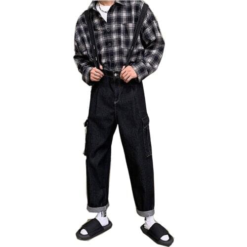 Mens jumpsuit denim overalls and ankle casual loose fashion hip-hop black jeans street pants