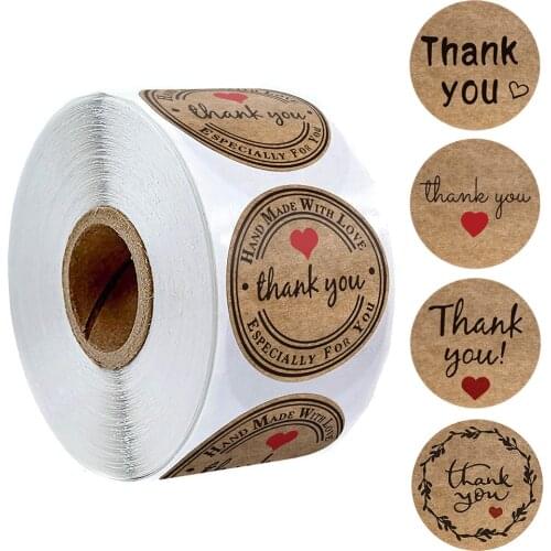 100-500pcs kraft paper thank you sticker with red heart handmade labels sticker for business envelope sealing stationery sticker