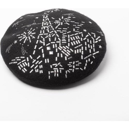 Europe and United States autumn and winter new Eiffel Tower rhinestone wool beret painter Hat ladies fashion bud hat hot artist