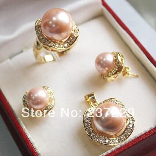 Wholesale price ^^^^Set 10mm &14mm pink South sea Shell Pearl Earrings Necklace Ring size 7 8 9