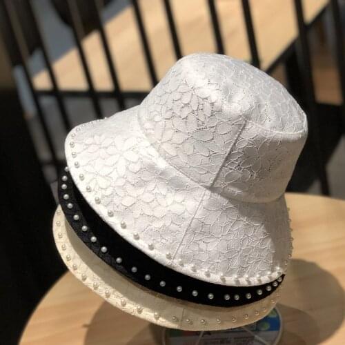 Summer Women Pearl Lace Bucket Hat Korean Fashion Breathable Fisherman Hats Outdoor Sunscreen Travel Visors Cap Beach Caps Gift