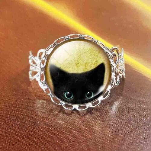 QiYuFang Unique Ring Glass Cabochon steel Bronze Chain Rings Black Cat Picture Vintage For Women