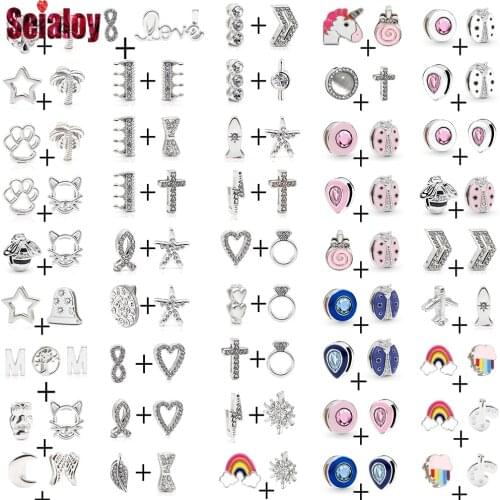 Seialoy 2Pcs Cat Ladybug Beads Silver Color Cross Rainbow Charm For 10mm Bracelets Wristband High Quality Original Accessories