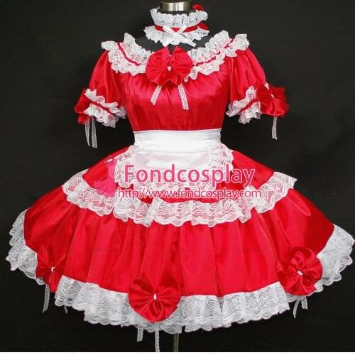 Sexy Sissy Maid Satin Red Dress Lockable Uniform Cosplay Costume Tailor-made[G296]