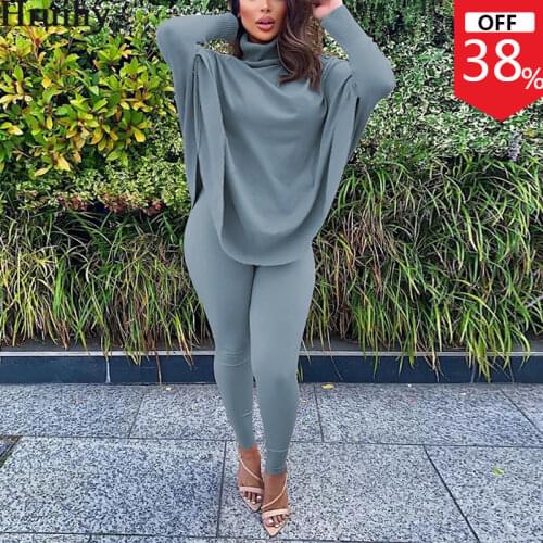 Tracksuit Women Bat Sleeve Tops&long Pants Solid Color Knitted Two Piece Set Women Plus Size Homewear Casual Two Piece Outfits