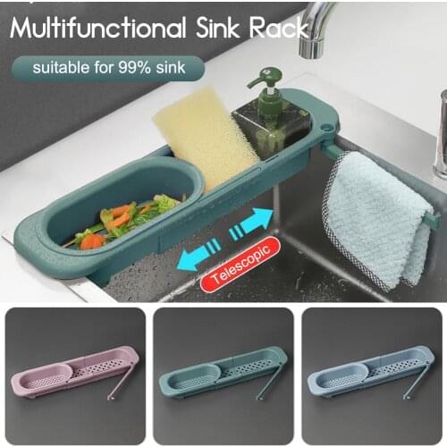 Telescopic Sink Rack Expandable Kitchen Sponge Holder Sink Caddy Organizer With Towel Rack For Kitchen Accessories Tools