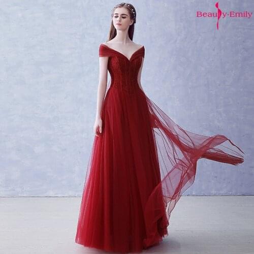 Beauty-Emily Off The Shoulder Burgundy Evening Dresses Long V Neck Tulle Formal Dress Lace Beads Party Dress vestidos de festa