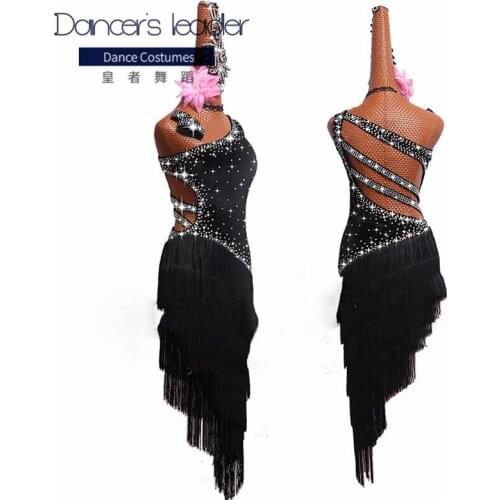 High-end Custom Latin Dance Costume Black Velvet Oblique Shoulder Tassel Dance Skirt Female Adult Competition Costume