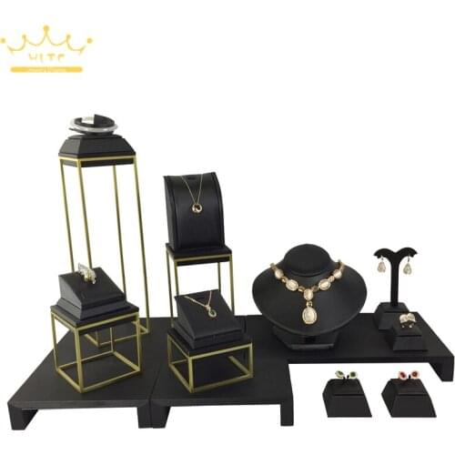 Jewelry Props Set Stainless Steel Window Jewellery Display Cabinet Black PU Leather Necklace Ring Earrings Display Stand Set