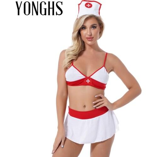 Womens Sexy Lingerie Nurse Uniform Outfit Exotic Sexy Babydoll Costume Unlined Bra with Mini Skirt Hair Hoop G-string Briefs