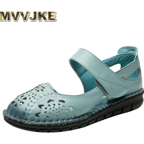 MVVJKE 2019 Summer Genuine Leather Handmade Mother Sandals Soft bottom Casual Woman shoes Fashion Cut-Outs Flat Womens Sandals