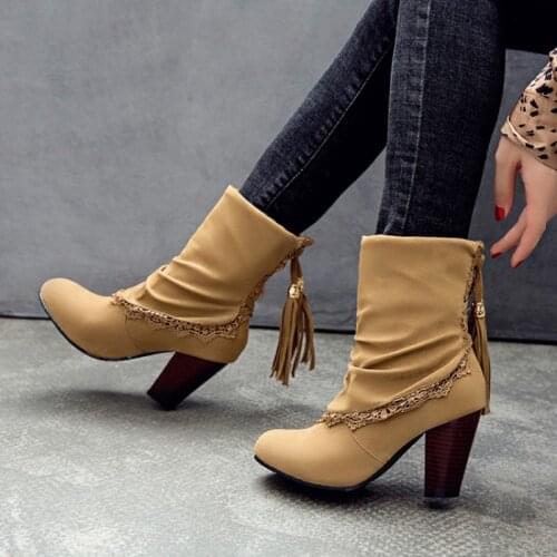 BLXQPYT Autumn Winter Women boots 2019 New Big Size 35-44 Square Head Rough high Heels Square Princess Fringe quality Boots 3002