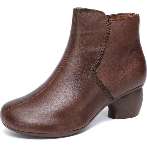 UMMEWALO Round Heel Boots Women Round Toe Side Zipper Design Winter Genuine Leather Ankle Boots Ladies