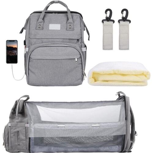3 In 1 Diaper Bag Backpack Foldable Crib Baby Bed Waterproof Travel Bag USB Charge Diaper Bag Backpack with Changing Bed
