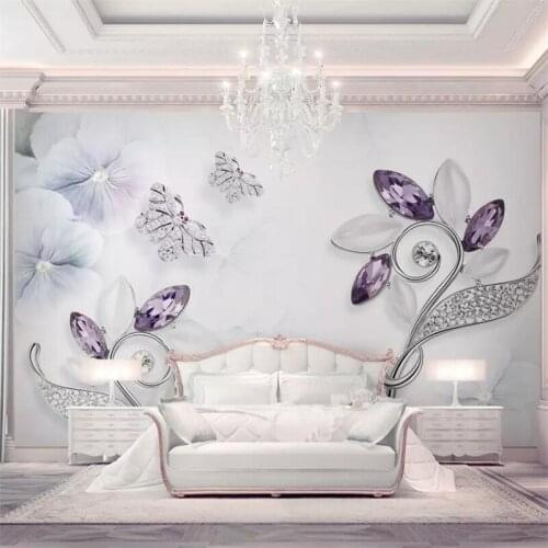 Beibehang Custom wallpaper 3d purple crystal floral butterfly jewelry living room TV background wall papers home decor wallpaper
